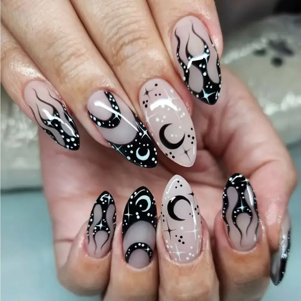 Gothic Themed Black Flames Moon Fake Press On Nails NWT